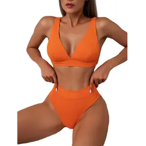 Yeni bölünmüş düz renk seksi v yaka Bikini kadın mayo çapraz kadın mayo toptan