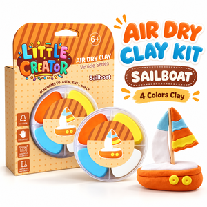 Kit de bateau à voile en argile à séchage à l'air, ensemble de pâte à modeler quatre couleurs, thème véhicule, jouet créatif pour enfants, vente en gros - Product Image 1