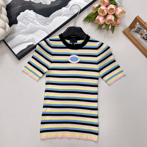 Women Multicolor Stripe Ribbed Knit <b>T</b> Shirt with Chest Cutout Short Sleeve Casual Top - Product Image 1