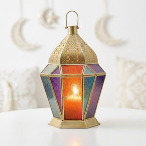 Latest 2027 <b>Brass</b> Hexagon Handmade Moroccan Colorful Glass <b>Lantern</b> for Ramadan Decorations - Product Image 1