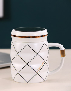 Wholesale 13 oz Milk <b>Ceramic</b> <b>Cup</b> Geometric Design Latte Mug Retro Coffee <b>Cup</b> With Lid - Product Image 1