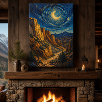 Impression sur toile de lune croissante Starry Canyon, art mural, paysage nocturne en spirale impasto, décoration pour salon et hôtel