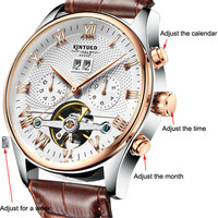 KINYUED J012 Montre de luxe pour homme, montre de mode pour homme d'affaires, bracelet en cuir, montre-bracelet sport, montre mécanique automatique pour homme