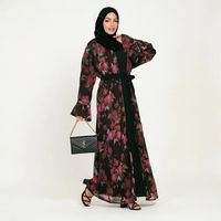 Abaya florale pour femmes avec bordure dorée, vêtements islamiques modestes