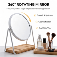 Miroir de maquillage circulaire en acier inoxydable, double face, avec plateau en bois amovible et grossissement, vente en gros