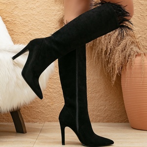 Suede Leather Pointed Toe Side Zipper Stiletto Fashion Solid Autumn Knee High Women Long <b>Boots</b> - Product Image 3