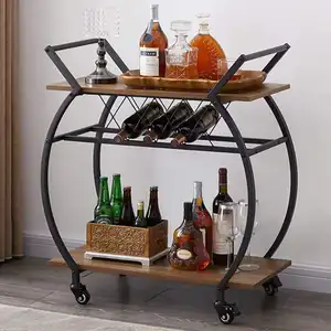 Modern Wood Metal Portable Coffee Cart Table Utility Industrial Mobile Serving Cart Storage Shelf Bar Cart Wine Rack