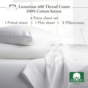 100% juego de cama queen de satén blanco de color sólido de algodón con sábanas refrescantes - Product Image 3