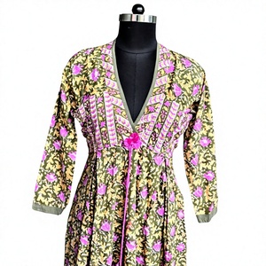 Vestido Maxi Boho Anarkali Olive Bloom con Estampado Floral, de Algodón, Corte en A, Cuello en V, Mangas Largas, Cintura Imperio y Dobladillo Acampanado, Ideal para Fiestas - Product Image 1