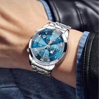 OLEVS 3675-Montre analogique à quartz pour homme, montres habillées d'affaires, calendrier, bracelet en acier inoxydable, phase de lune, montres-bracelets classiques pour homme