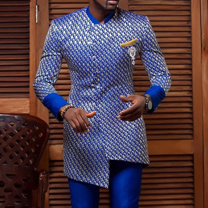 Ensemble chemise et pantalon Dashiki pour homme, imprimé africain, motif géométrique bleu, manches longues, col montant, vêtements traditionnels - Product Image 2