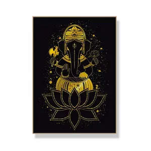 Religious Brass Statue of Lord Ganesh Framed Printing Indian Gods Art Printing Wall Decoration
