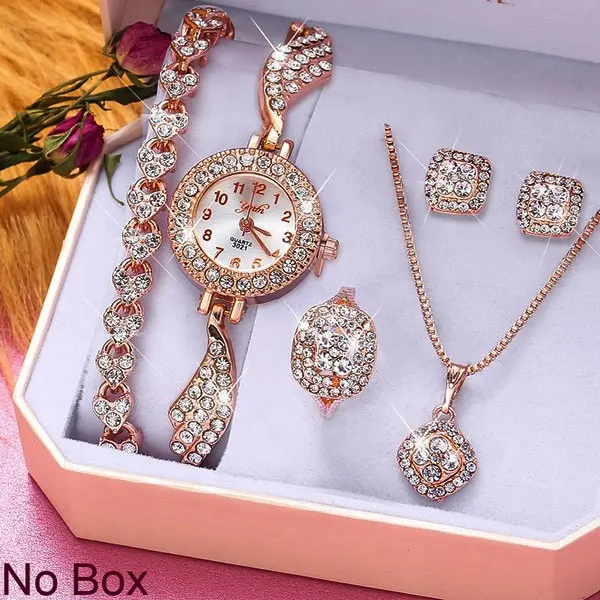 Luxury Bling Iced Out Diamond Quartz Women Watch Set Rose Gold Jewelry Gift Lady Watch Set