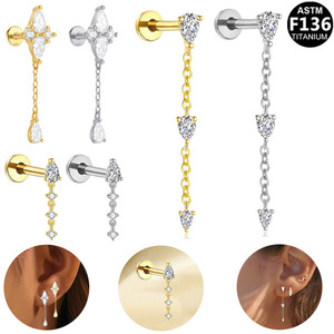<b>Titanium</b> Plated Tassel <b>Chain</b> Ear Cartilage Stud F136 <b>Titanium</b> Alloy Heart Shape Prong Setting Daily Wear Fashion Piercing - Product Image 1