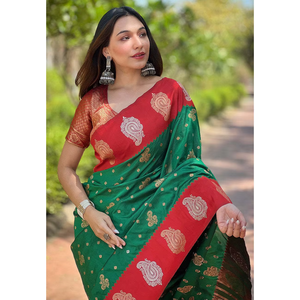 Sari en soie verte douce Elite Weaves avec contraste tissé en zari, robes de bal élégantes 0,6g - Product Image 6