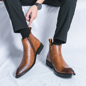 Bottes <span class=keywords><strong>Chelsea</strong></span> en cuir synthétique pour hommes Bottes <span class=keywords><strong>Chelsea</strong></span> d'automne en cuir imperméable à bout Piont noir avec talon carré - Product Image 6
