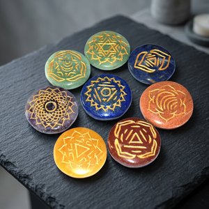 Handmade Gemstone <b>Chakra</b> Stones <b>Set</b> Carved With Sacred Symbols Circle Shape Art Collectible Reiki Theme - Product Image 3