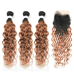 T1B/30 Italian Water Wave Curly Human Hair Sew In Extensions With Closure, Brazilian Hair Piece Product In China For Sale