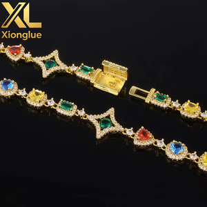 Colorful Gemstone Brilliant Cut Hiphop Fashion Trendy Sparkling <b>Copper</b> Alloy Zircon Star Square Charm Link Chain Unisex <b>Bangle</b> - Product Image 3