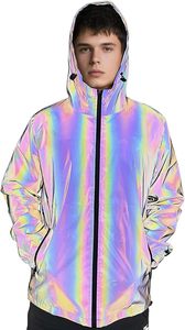 Custom Logo <b>Men's</b> Rainbow Holographic <b>Reflective</b> <b>Jacket</b> Waterproof Hip Hop Streetwear Windbreaker Laser Iridescent Hooded Coat - Product Image 3