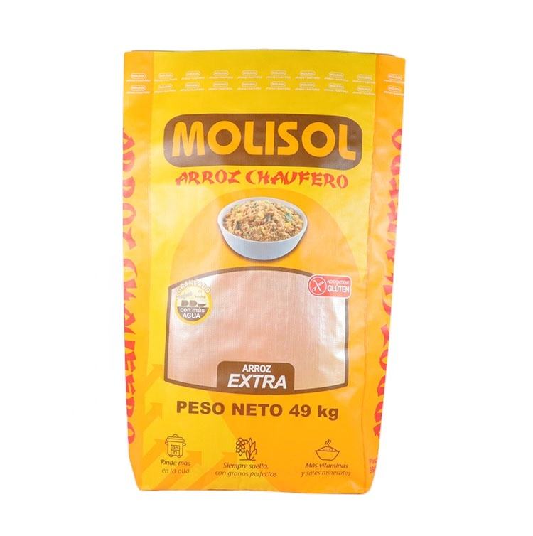 Saco de tecido pp com fundo quadrado com impressão personalizada de alta qualidade, saco de embalagem de grãos de arroz emty de polipropileno, 25kg, 49kg e 50kg