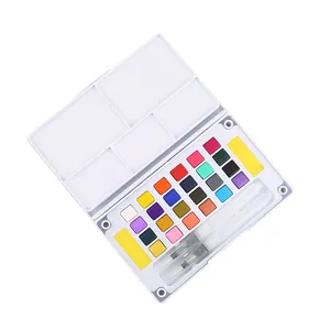 Custom 12 24 36 48 Colors Solid Watercolors Painting Water Color Paint Set With Brush Pen In White Plastic Box