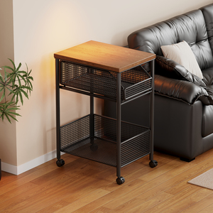 Storage <b>Cart</b> With Wooden Top And Metal Mesh Shelves For Living Room Or Bedroom Use - Product Image 1