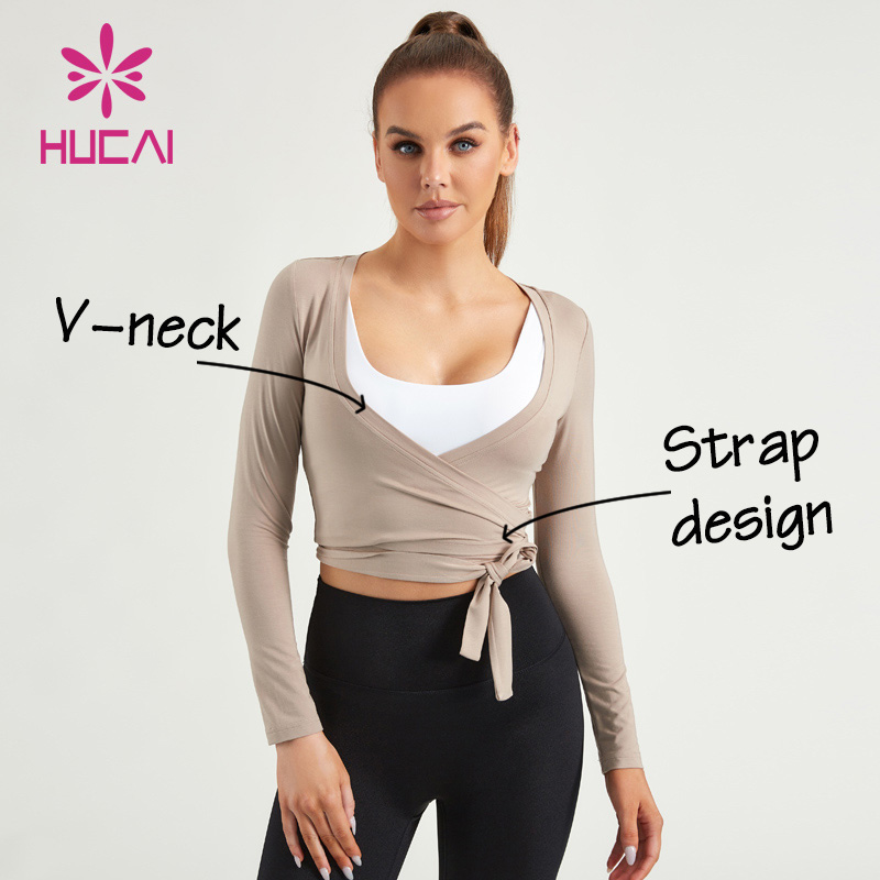 HUCAI Custom Spandex Slim Fit Sexy Knot Cross Front V-neck Sports Tee Yoga Crop Top Long Sleeve Gym t Shirt for Women