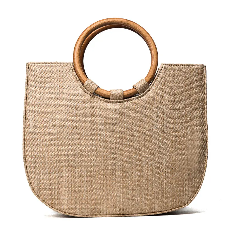 OEM designer weaving fashion Round wooden handle beach Crossbody handbag straw bags for lady