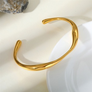 INS Water Wave Jewelry 18K <b>Gold</b> Plated Stainless Steel High-end Chunky Irregular Shaped Open <b>Bangle</b> for Women's Casual/Sporty - Product Image 2