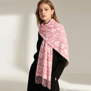 Soft <b>Wool</b> Blend Heart Print Scarf for Women 70x180cm Warm Fringed Shawl Stylish Autumn Winter <b>Wrap</b> - Product Image 3
