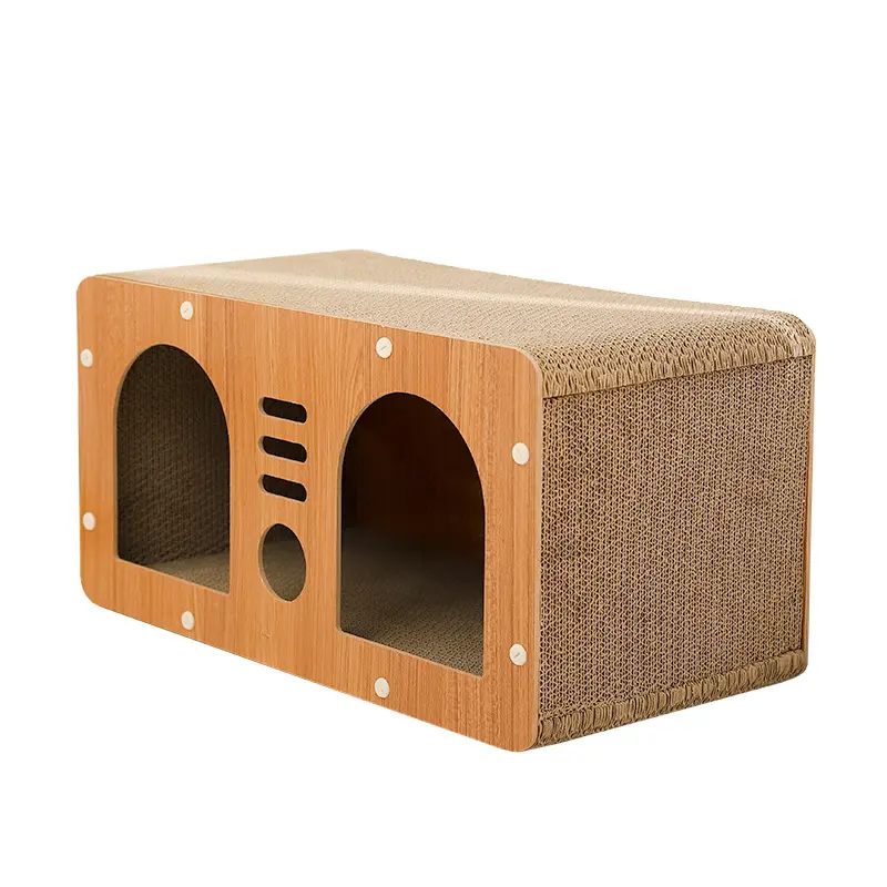 Grande maison de chat en bois simple avec motif d'impression de grattoir en papier ondulé pour petits animaux