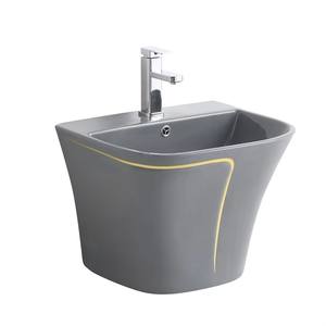 Conjunto de Louças Sanitárias Cerâmicas Montadas no Chão na Cor Cinza para Banheiro, Vaso Sanitário em Uma Peça com Lavabo Suspenso - Product Image 6
