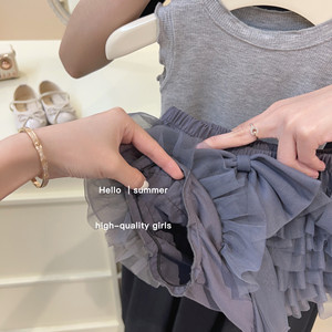 Tongxingyuan Girls Tutu Skirt Set Gray Solid Color Cotton Summer Outfit For Kids - Product Image 4