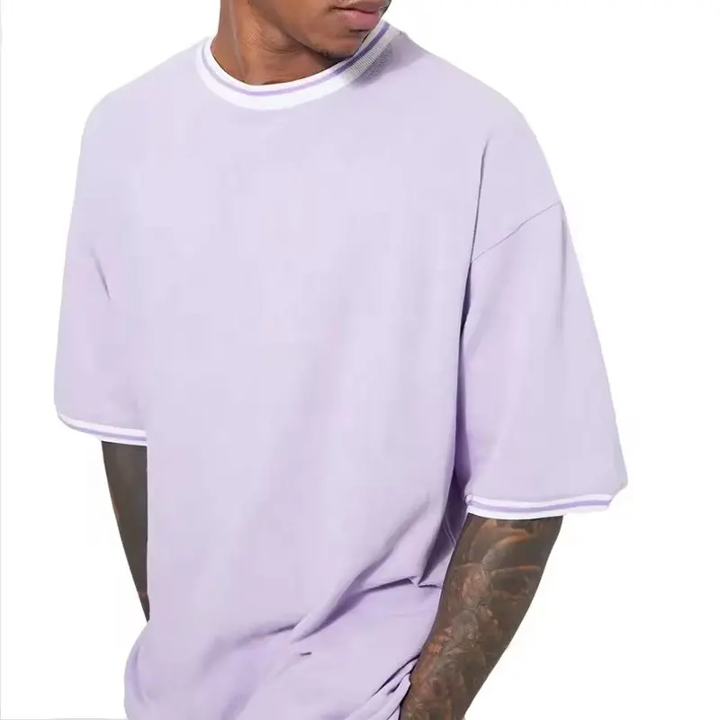 OEM Wholesale Stripe Collar 100% Cotton Baggy Tshirt Streetwear Blank Plain Men Custom T Shirt