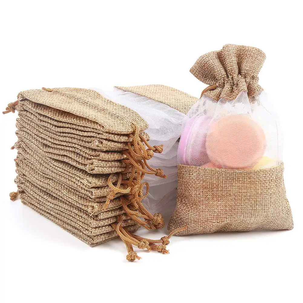 Yile Custom Logo Burlap Drawstring Gift Bag Organza Treat Bag Pouch for Wedding Baby Shower Party Favor Supply