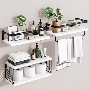 Estantes Flotantes de Madera de Estilo Rústico Blanco, Montados en la Pared con Cesta de Almacenamiento de Alambre y Barra para Toallas, para Baño, Cocina, Dormitorio - Product Image 2