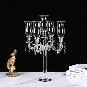 5 Arms K9 <b>Crystal</b> Candelabra with Hurricane Glass & <b>Crystal</b> Drops Wedding Table Centerpiece for Banquet Home Decor - Product Image 3