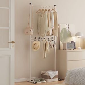 Double Layer Floor Standing Coat Rack With Storage Basket Mobile Clothes Organizer For Bedroom Home Use - Product Image 4