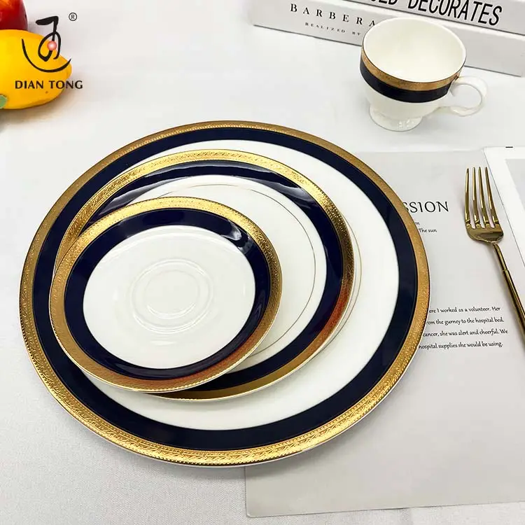 ציור יוקרה זהב כחול מותאם אישית קרמיקה צלחת ארוחת ערב סט צלחות למסעדה סט צלחות סין עצם לבנה סט כלי אוכל