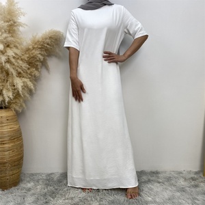 6722# White Short Sleeves Wrinkle Crepe slip Dress Solid Color Modesty Inner Dresses With Chiffon Lining - Product Image 2