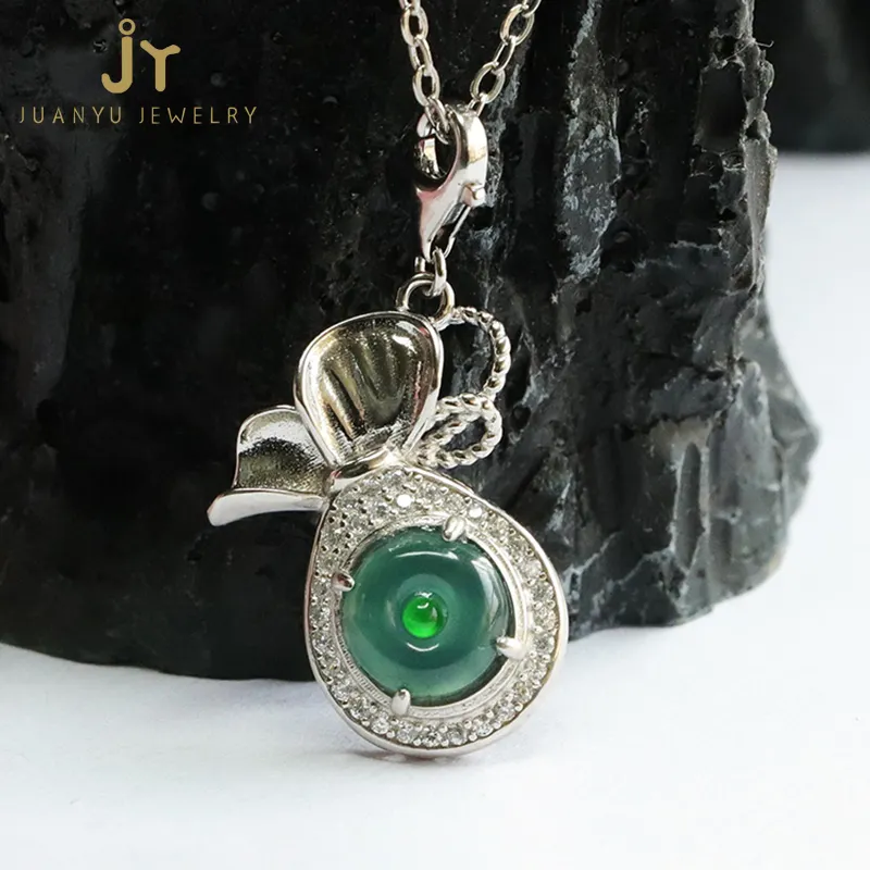 S925 gümüş doğal Burma yeşim kolye moda takı Handcarved Jadeite kolye Myanmar yeşim şanslı çanta kolye kolye