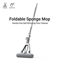 Serpillère pliable à éponge avec essorage mains libres et manche en acier pour la maison, la cuisine et la salle de bain