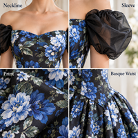 Robe midi personnalisée pour femme en satin à imprimé floral, avec corset, épaules dénudées, manches bouffantes et jupe ample, idéale pour les occasions