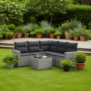 Conjunto de Sofá de Jardín de Ratán Gris, 6 Plazas, Patas Ajustables, Muebles de Exterior, Diseño Contemporáneo - Product Image 2