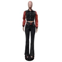 Veste en cuir PU à patchwork en denim à manches longues et pantalon en denim élastique Jeans décontractés Ensemble deux pièces grande taille pour femmes