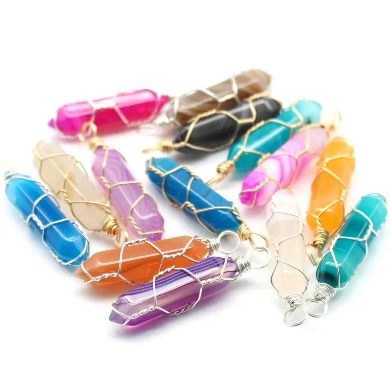 Changda wholesale raw colorful healing natural stone quartz amethyst wire wrapped crystal pendant necklace