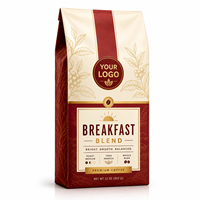 Sachet de café personnalisé imprimé pour mélange de petit-déjeuner, pochette à fond plat, emballage de café haut de gamme pour grains entiers torréfaction moyenne Arabica