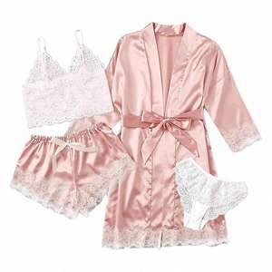 Ensemble de pyjamas et robes de nuit en satin de soie respirant avec dentelle, quatre pièces, pour femme, sexy, vente en gros - Product Image 3