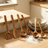 Ensemble d'ustensiles de cuisine écologiques en bois naturel, 6 pièces, avec spatules, cuillères et support à ustensiles, emballé dans une boîte